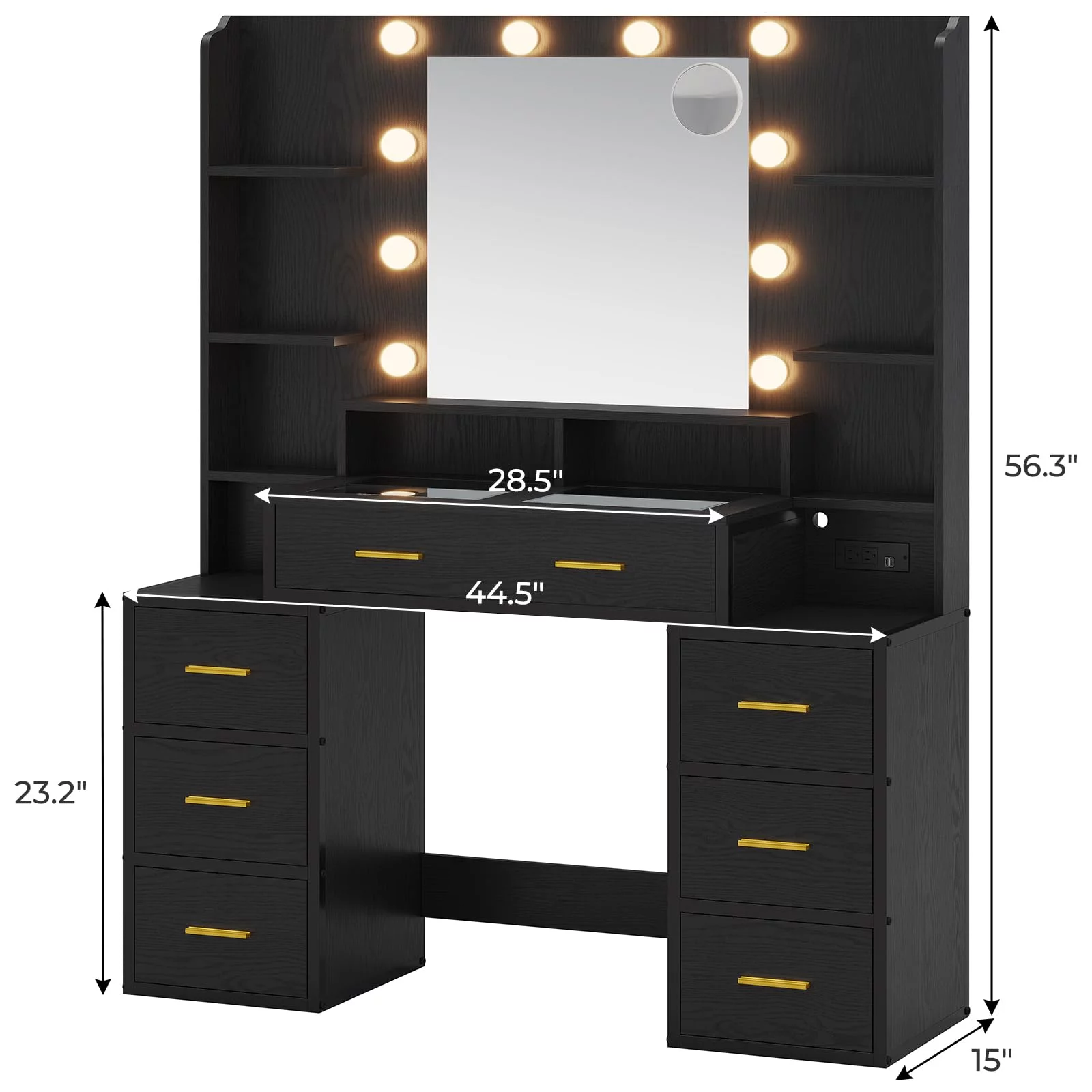 Afuhokles Glass Top Vanity Desk with Mirror and Lights, Makeup Vanity with Lights, Charging Station, 8 Drawers, Acrylic Dividers and Shelves, Black - Curated Treasures Market