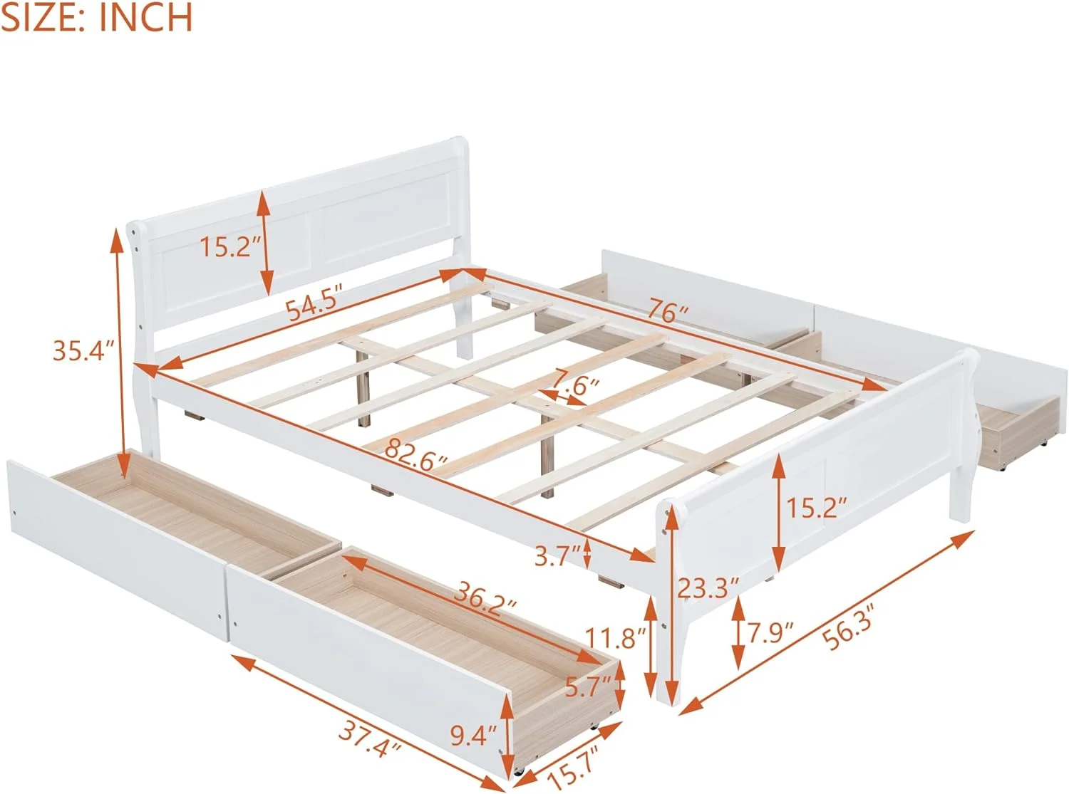 Full Size Platform Bed with 4 Drawers and Streamlined Headboard & Footboard, Solid Wood Bed Frame for Kids Teens Adults - Curated Treasures Market