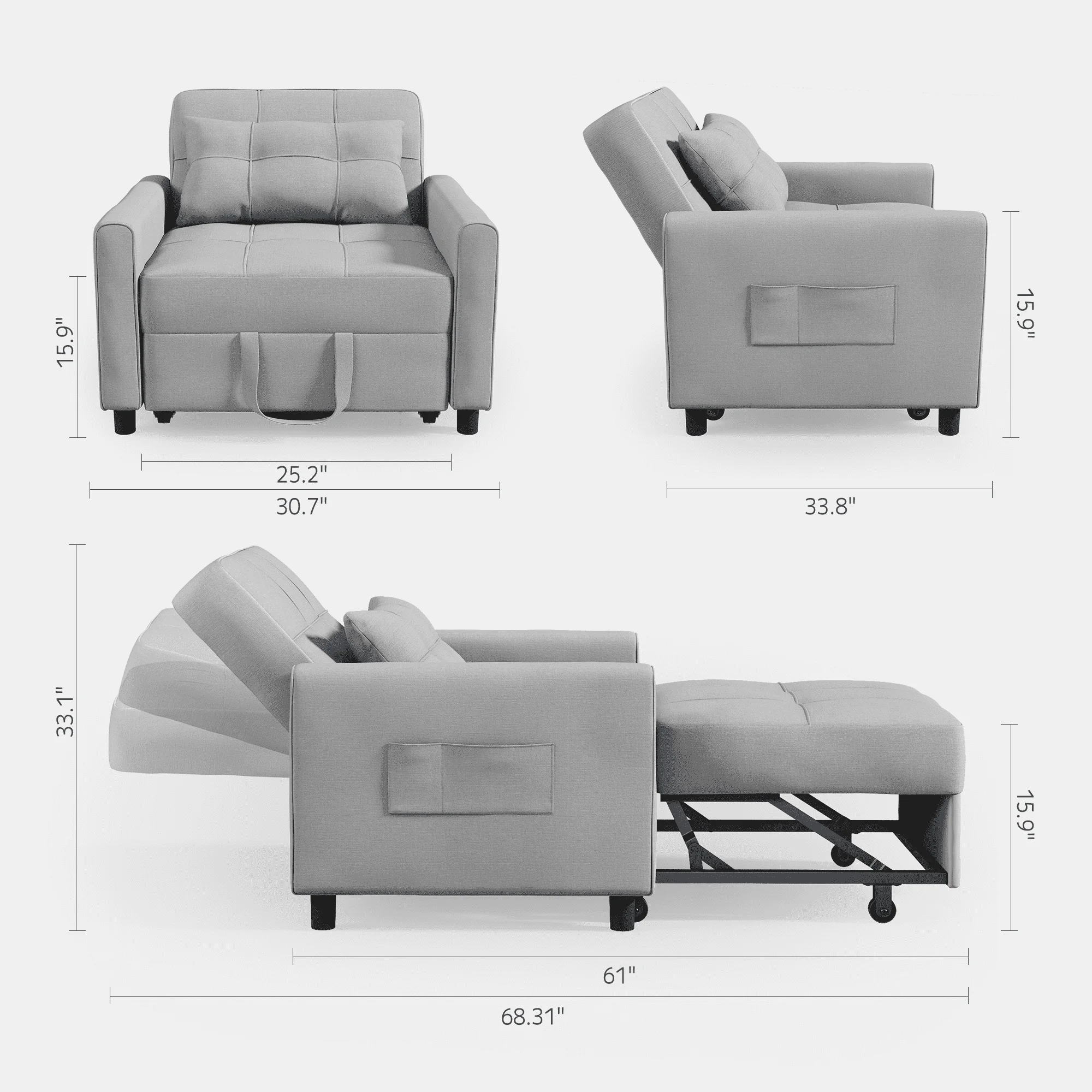 Asofer Sofa Bed Chair, 3 in 1 Convertible Futon Couch Recliner, Sleeper Sofa for Home or Office, Light Gray - Curated Treasures Market