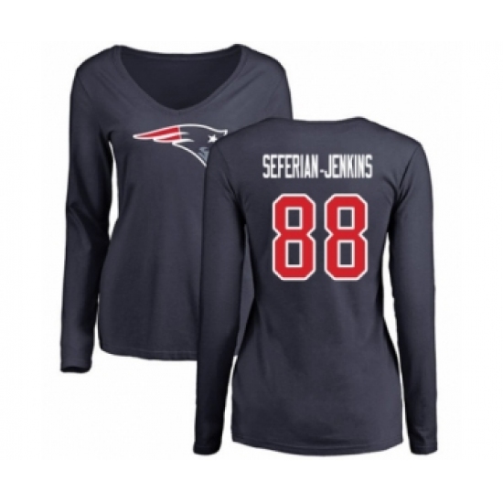 Football Women's New England Patriots #88 Austin Seferian-Jenkins Navy Blue Name & Number Logo Slim Fit Long Sleeve T-Shirt