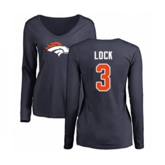 Football Women's Denver Broncos #3 Drew Lock Navy Blue Name & Number Logo Long Sleeve T-Shirt