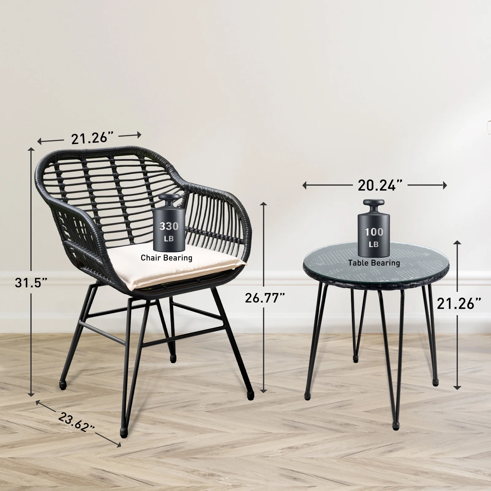 Tappio 3 Piece Outdoor Wicker Furniture Patio Bistro Set, PE Rattan Patio Chairs Set w/Table & Cushions, Modern Outdoor Patio Furniture for Porch Poolside Garden, Black