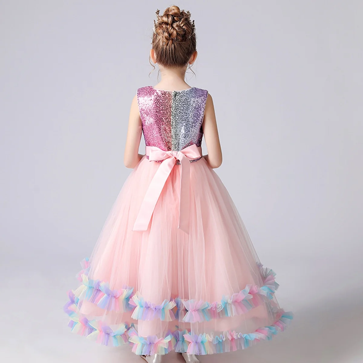 HAWEE Flower Girls Sequin Dress Rainbow Tulle Pageant Birthday Party Princess Dress Wedding Maxi Gown for 4-16 Years Old - Curated Treasures Market