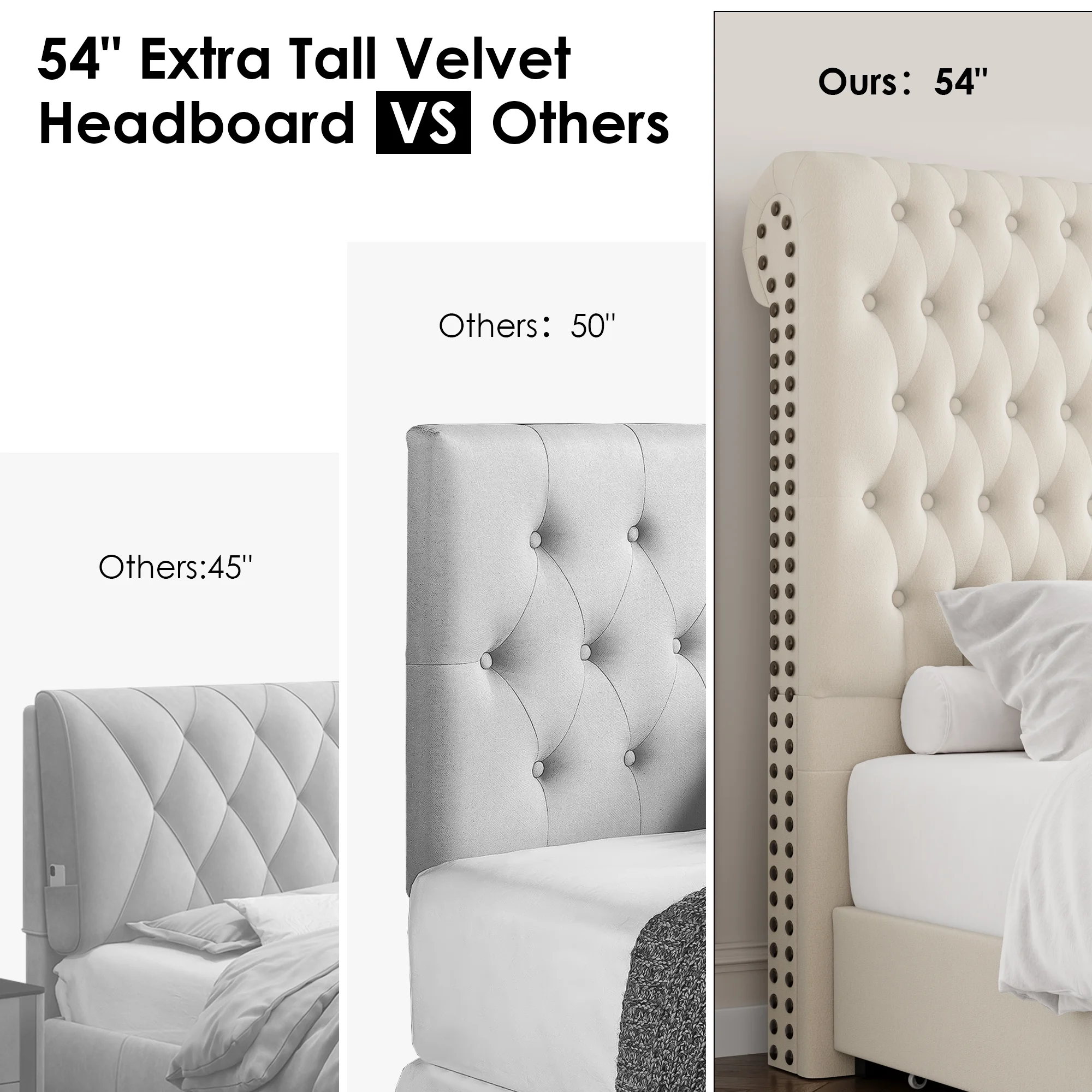 Homfa 54.7 Tall Headboard Bed Frame for Bedroom, Queen Size Storage Bed with Tall Headboard, Sturdy Upholstered Bed with Footboard and Drawers, off-white