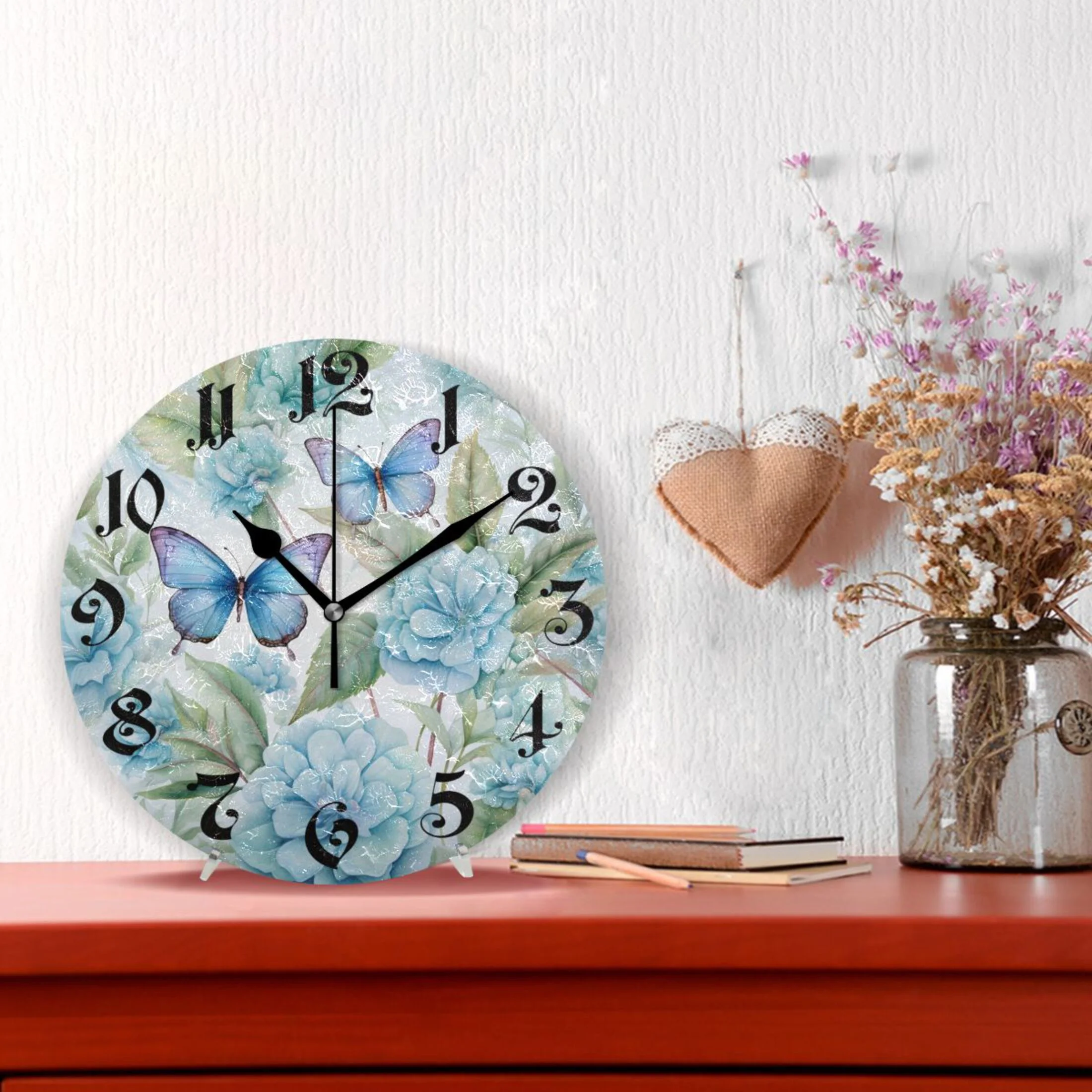 Wall Clock 10 Inch Silent Non-Ticking Butterfly on Flowers Blue Battery Operated Rustic Retro for Living Room Home Kitchen Bathroom - Curated Treasures Market