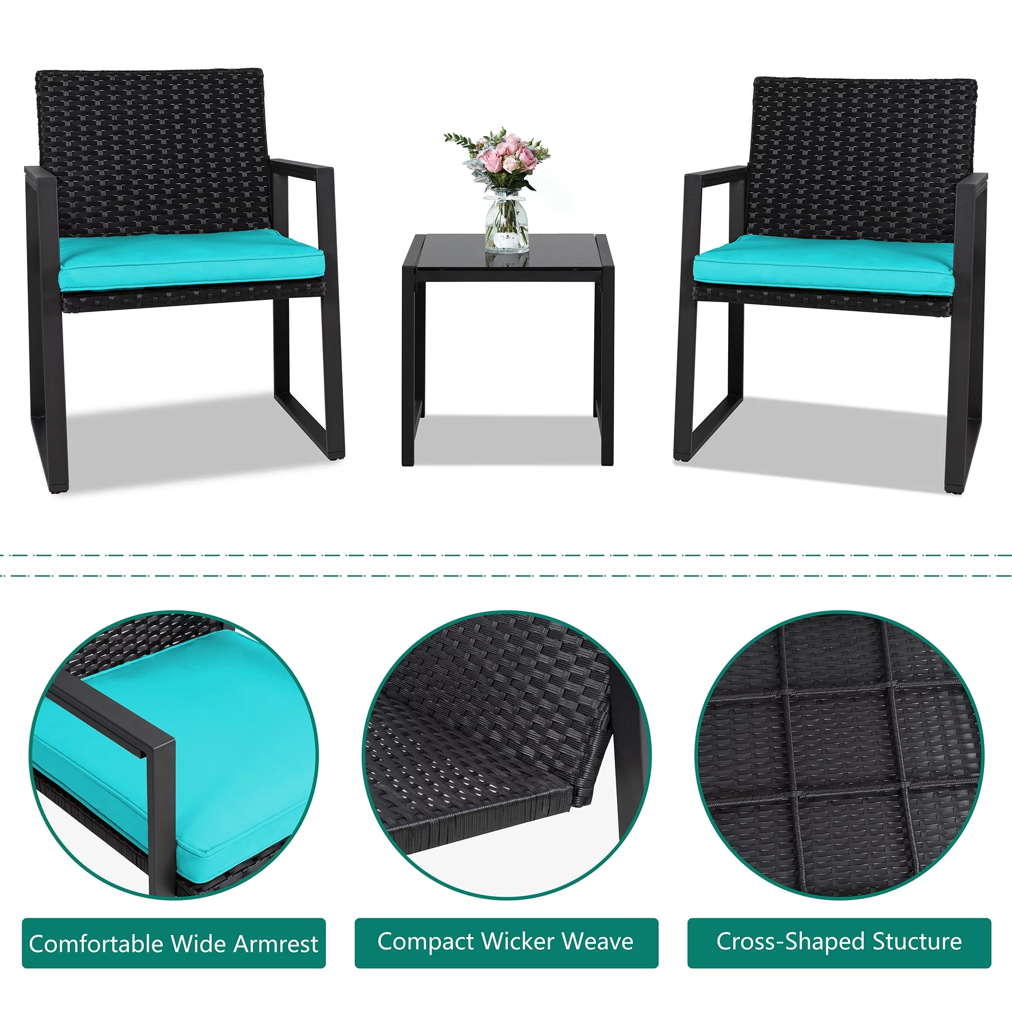 3 Piece Patio Bistro Sets, Outdoor Rattan Chairs & Black Wicker Furniture Conversation Set Blue - Curated Treasures Market