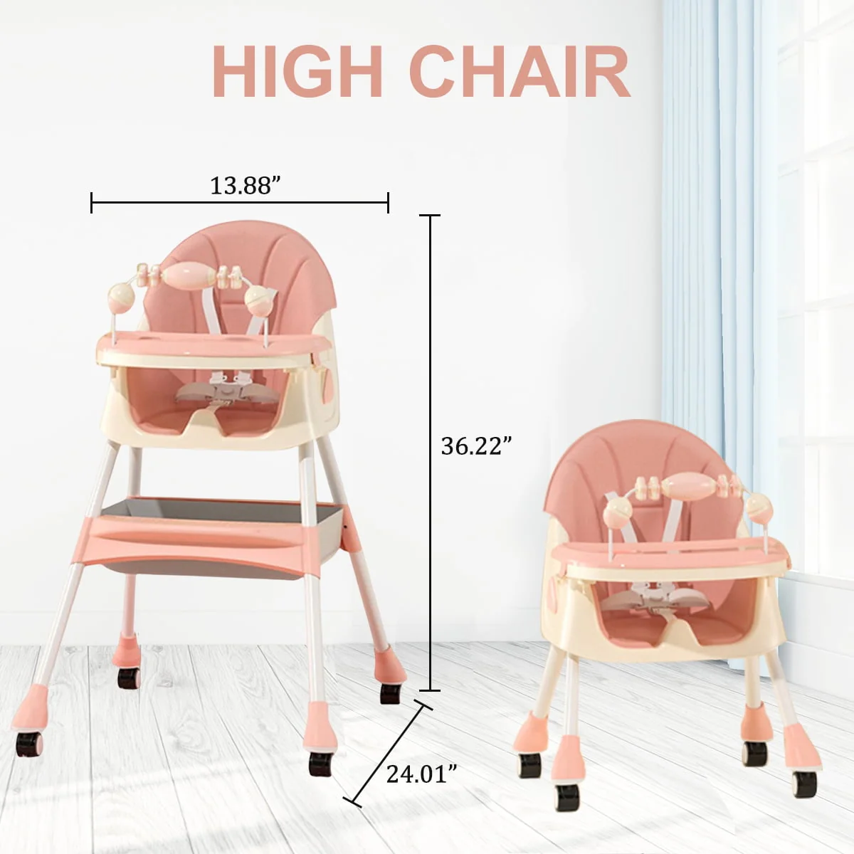 HAOUUCYIN 4-in-1 Baby High Chair Portable Dining Chairs Eat & Play with Five-Point, Double-Layer Dinner Plate and Toy Rack, 9.48 lbs, Pink