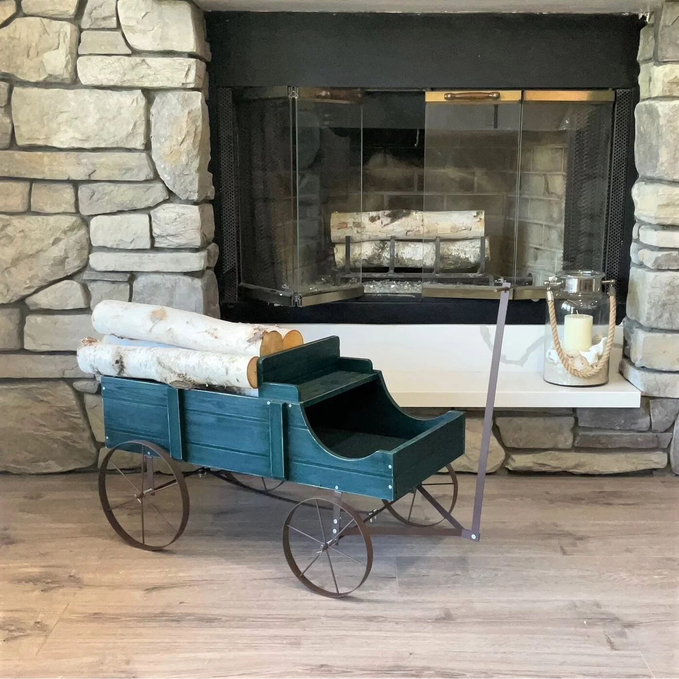 Porch & Den Goldcast Rustic Wagon Garden Planter with Metal Wheels Rustic Green 52