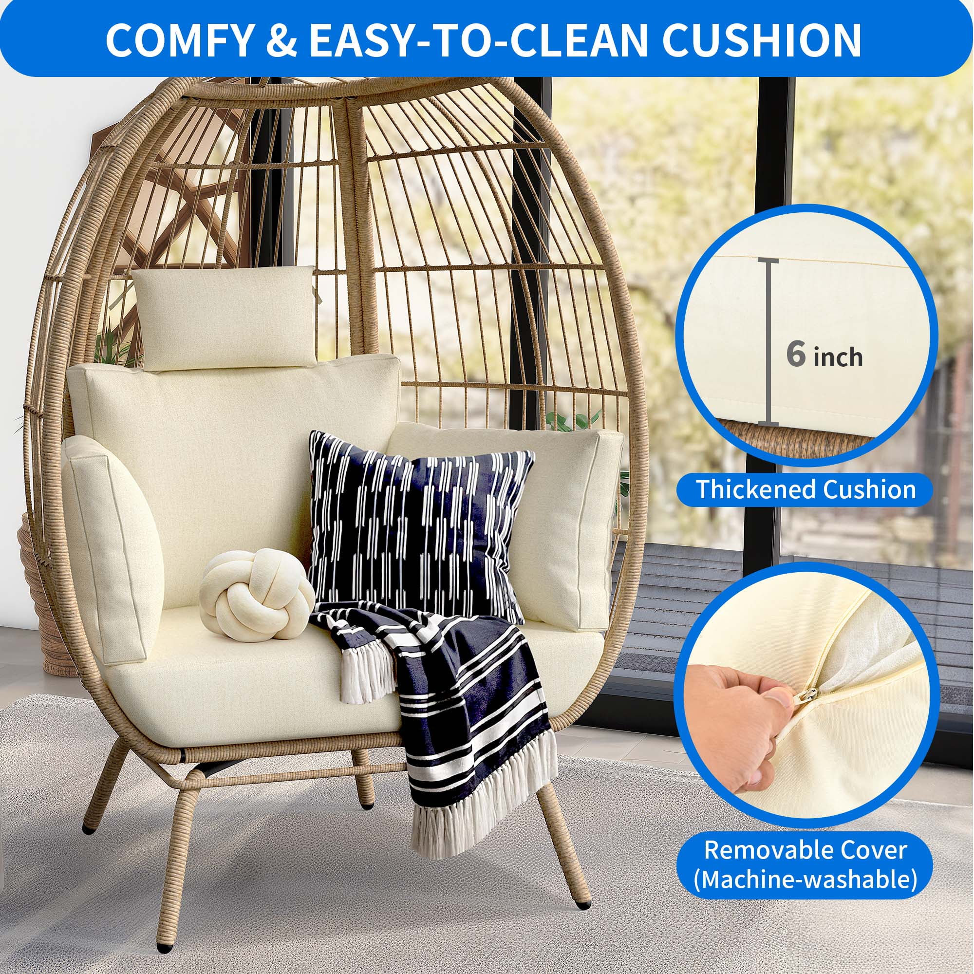 Dextrus Wicker Egg Chair Outdoor Indoor Oversized Lounger with Stand and Beige Cushions Egg Basket Chair for Patio Backyard Porch - Curated Treasures Market