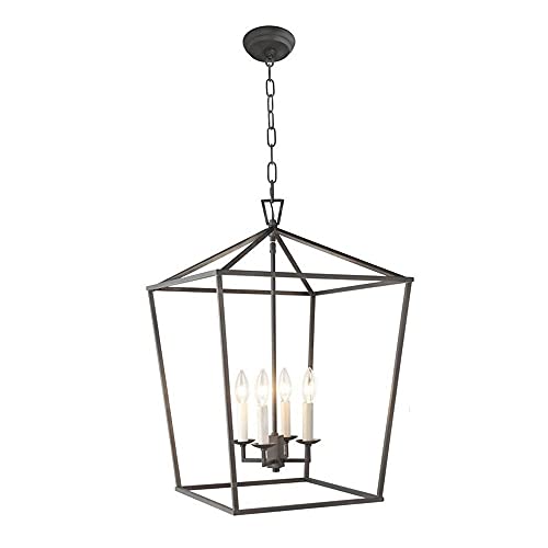SAeWare 4-Light Metal Cage Pendant Lantern Light Industrial Chandelier Fixture Brushed Nickel Vintage for Farmhouse Kitchen Island Foyer Hall Dining Room Ceiling Lighting