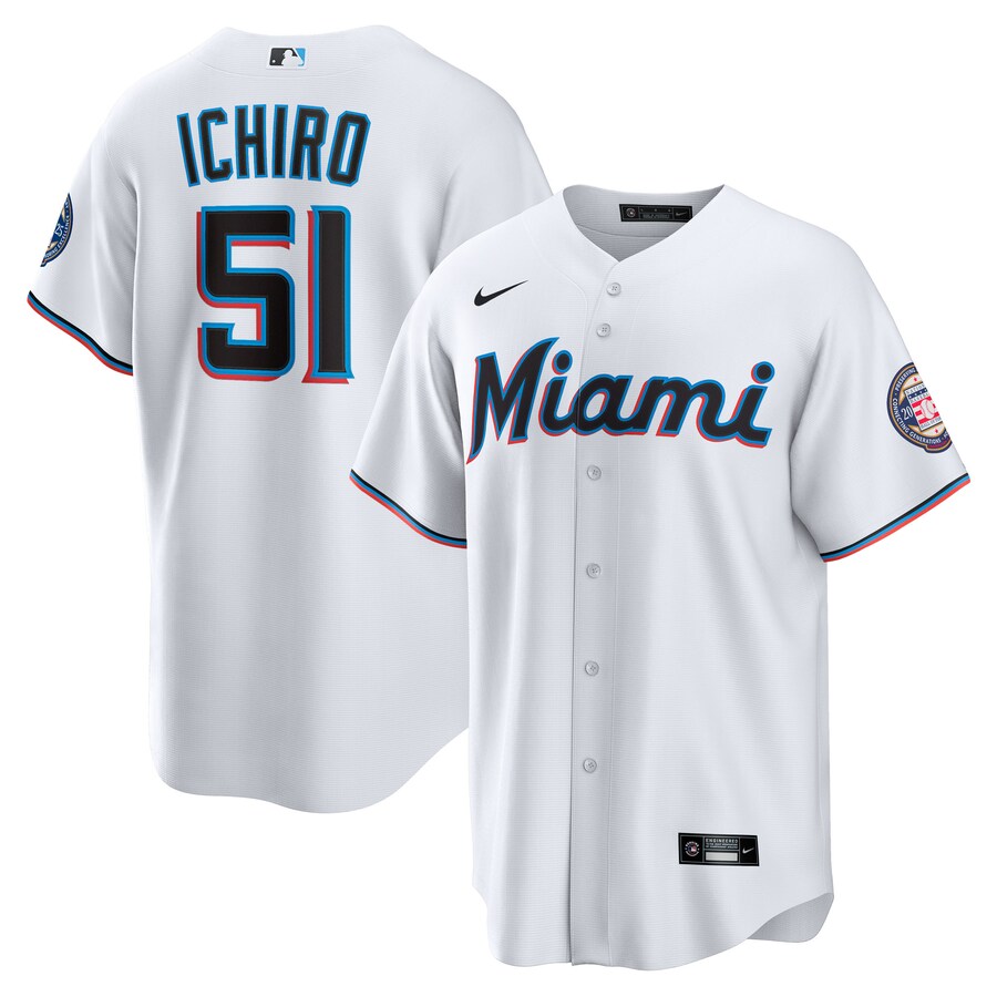 Men's Miami Marlins Ichiro Suzuki Nike White 2025 Baseball Hall of Fame Name & Number Retired Replica Jersey