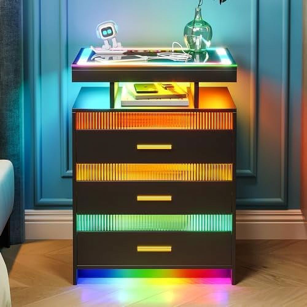 xrboomlife LED Nightstand  with USB/Type-C/Wireless Charging Station  Smart Night Stand with Auto 24-Colors RGB LED Light  Bedside Table with 3 Drawers for Bedroom  (Black  2PCS) - Curated Treasures Market