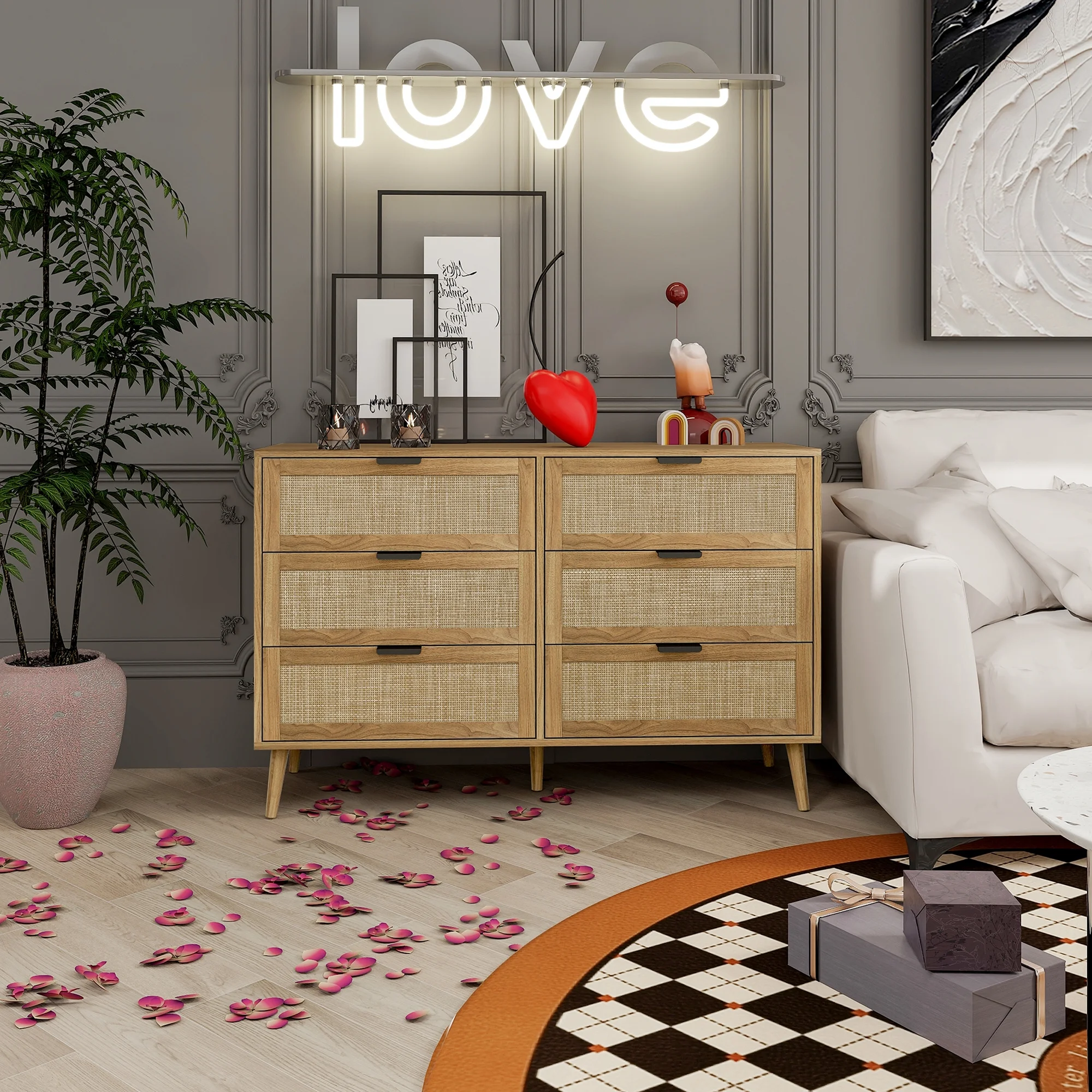 Resenkos Modern Rattan Dressers for Bedroom, 6 Drawer Dresser Organizer with Black Handles, Accent Chest of Drawer