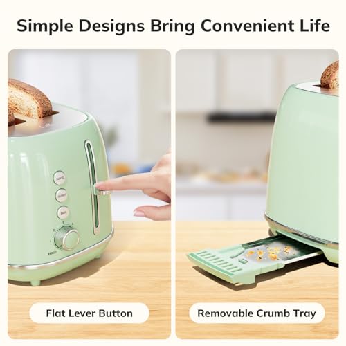 2 Slice Toaster Retro Stainless Steel Toaster with Bagel, Cancel, Defrost Function and 6 Bread Shade Settings Bread Toaster, Extra Wide Slot and Removable Crumb Tray