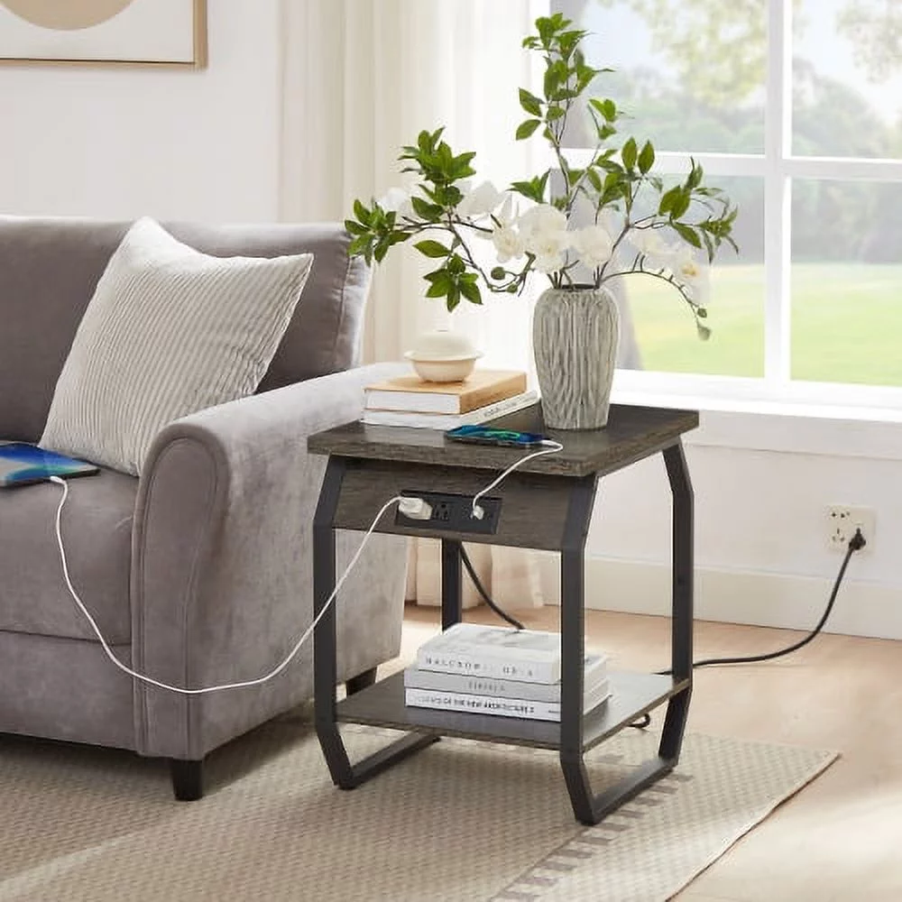 YLtoohoom with Charging Station   End Tables with USB Ports and Sockets  Bedside Tables in Living Room  Bedroom  Dark Grey 17.32‘‘ W x 17.32‘‘ D x 21.65‘‘ H. - Curated Treasures Market