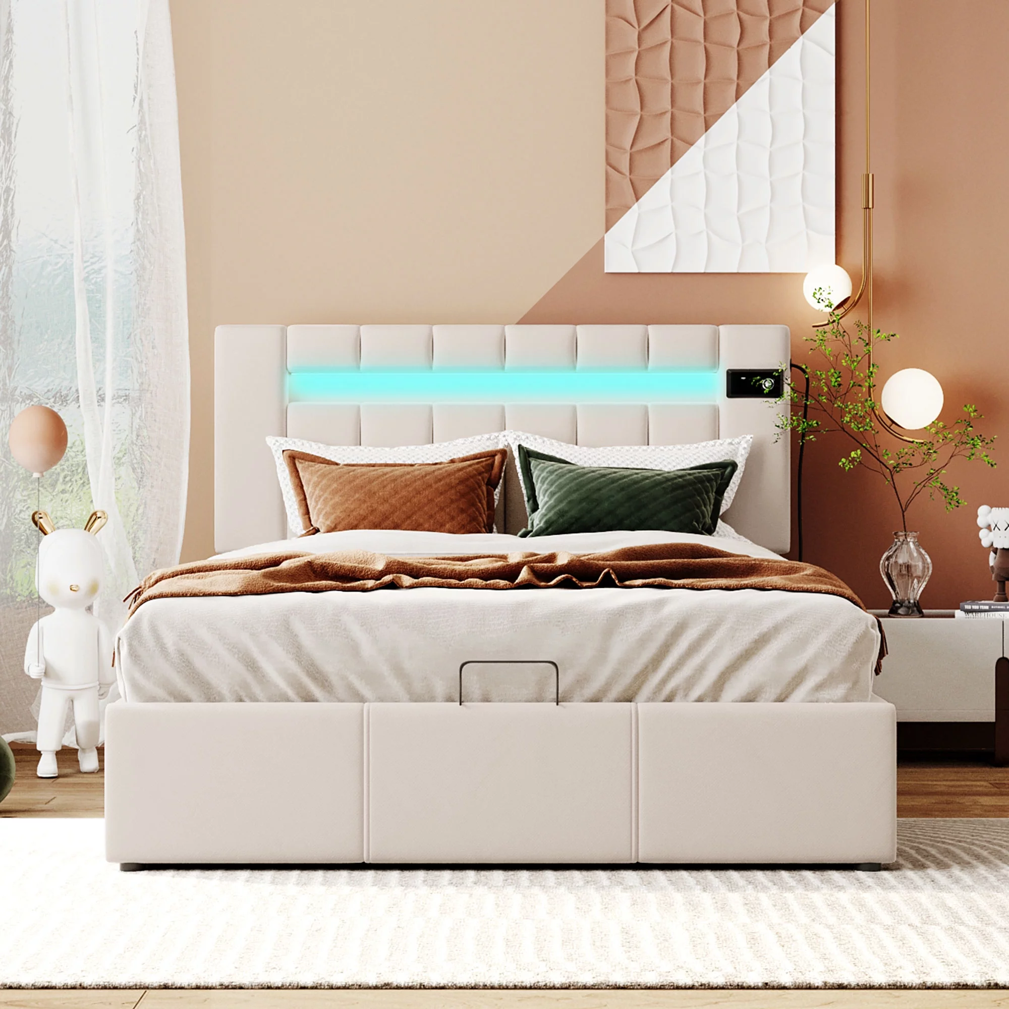 Churanty Full Size Upholstered Bed with Lifting Storage and LED Light,Full Platform Bedframe with Headboard,Bluetooth Player and USB Charging,Beige - Curated Treasures Market
