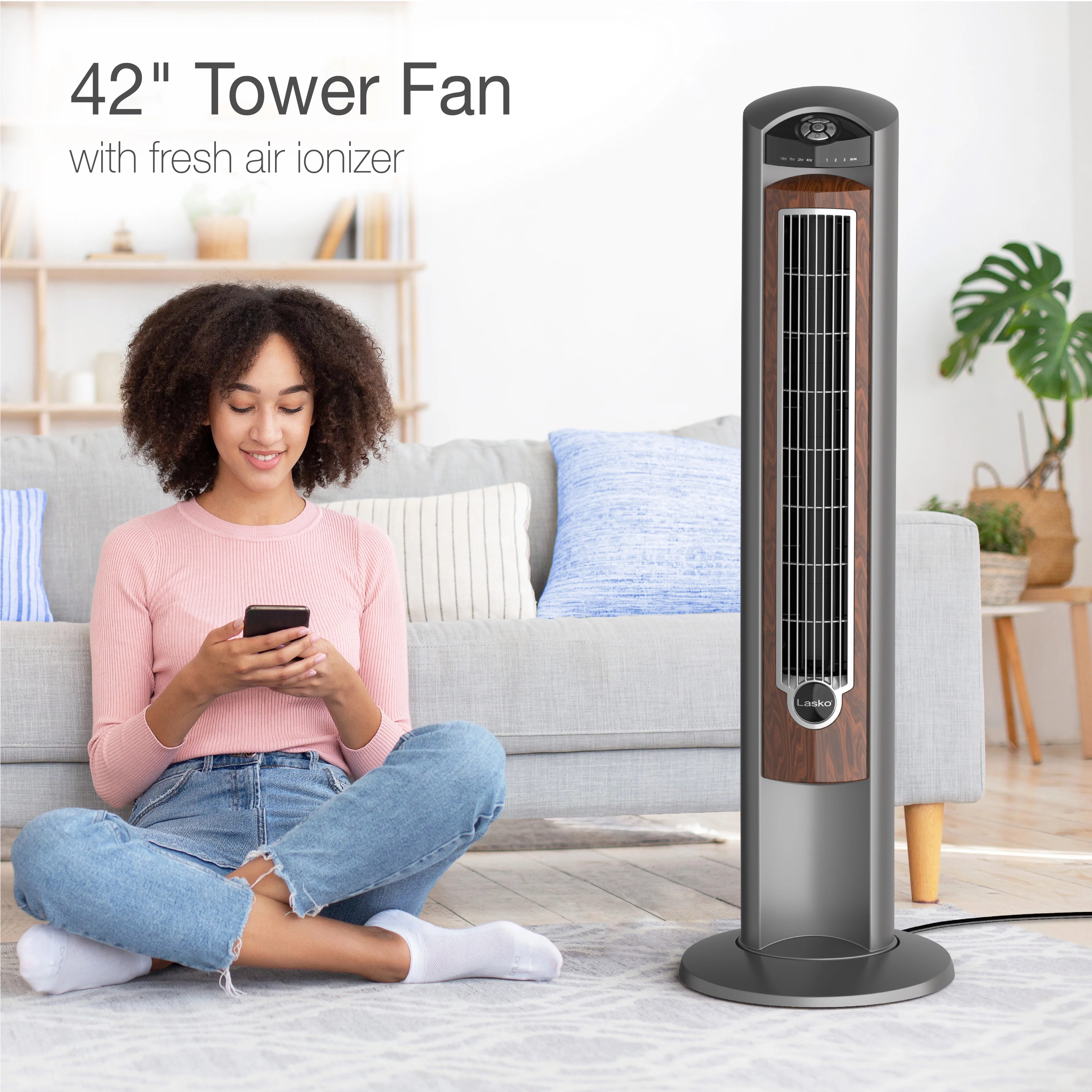 Lasko 42 Wind Curve Tower Fan with Ionizer, Timer and Remote, Gray/Woodgrain, 2554, New