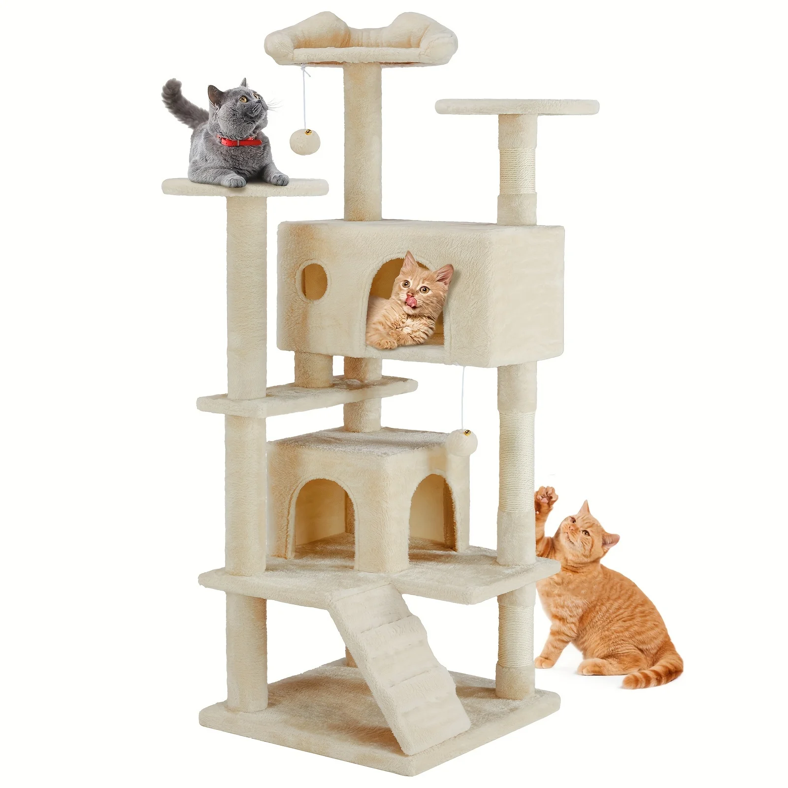 DUMOS, 1pc Cat Tree, Indoor Cats Tree Tower, 54in Multi-Level Cat Tree, Pet Play House Condo, Sisal Scratching Post, 2 Large Cave, Climbing Plate, Plush Ball - Curated Treasures Market