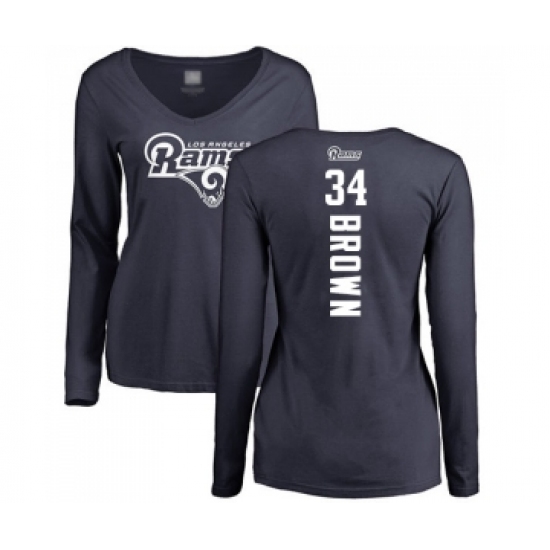 Football Women's Los Angeles Rams #34 Malcolm Brown Navy Blue Backer Slim Fit Long Sleeve T-Shirt