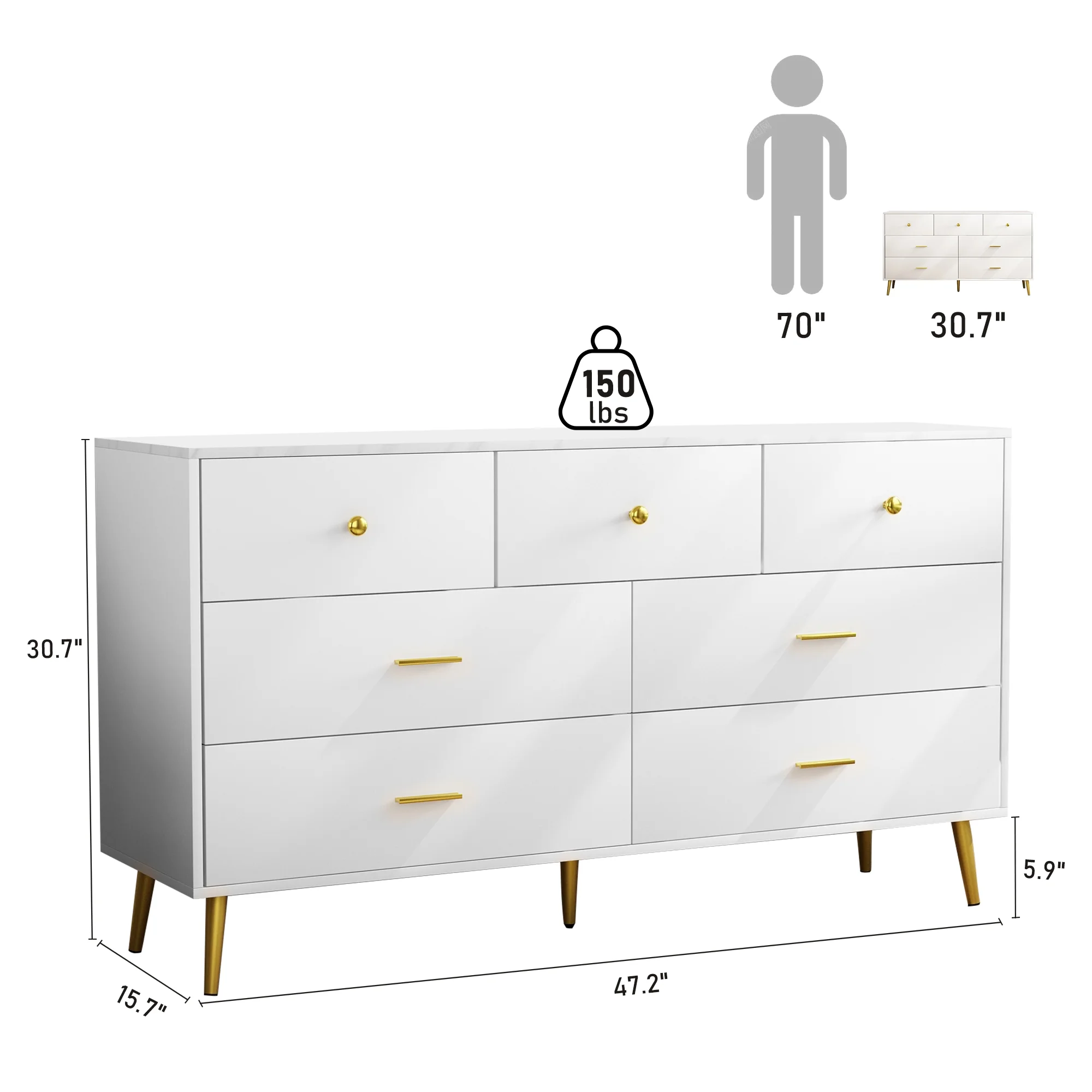 Yaoping 7 Drawer Dresser for Bedroom, Modern Wood Dresser with Wide Drawers and Metal Handles, Storage Chest of Drawers for Living Room Hallway Entryway(White-55.1)