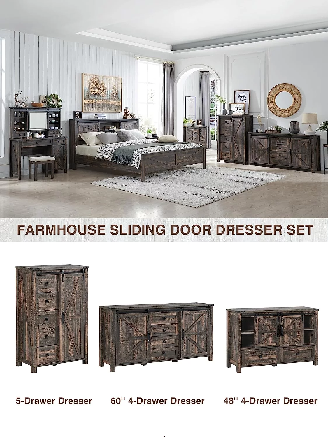 OKD 48 Farmhouse Dresser for Bedroom White 4-Drawer Chests Organizer with Barn Door for Living Room