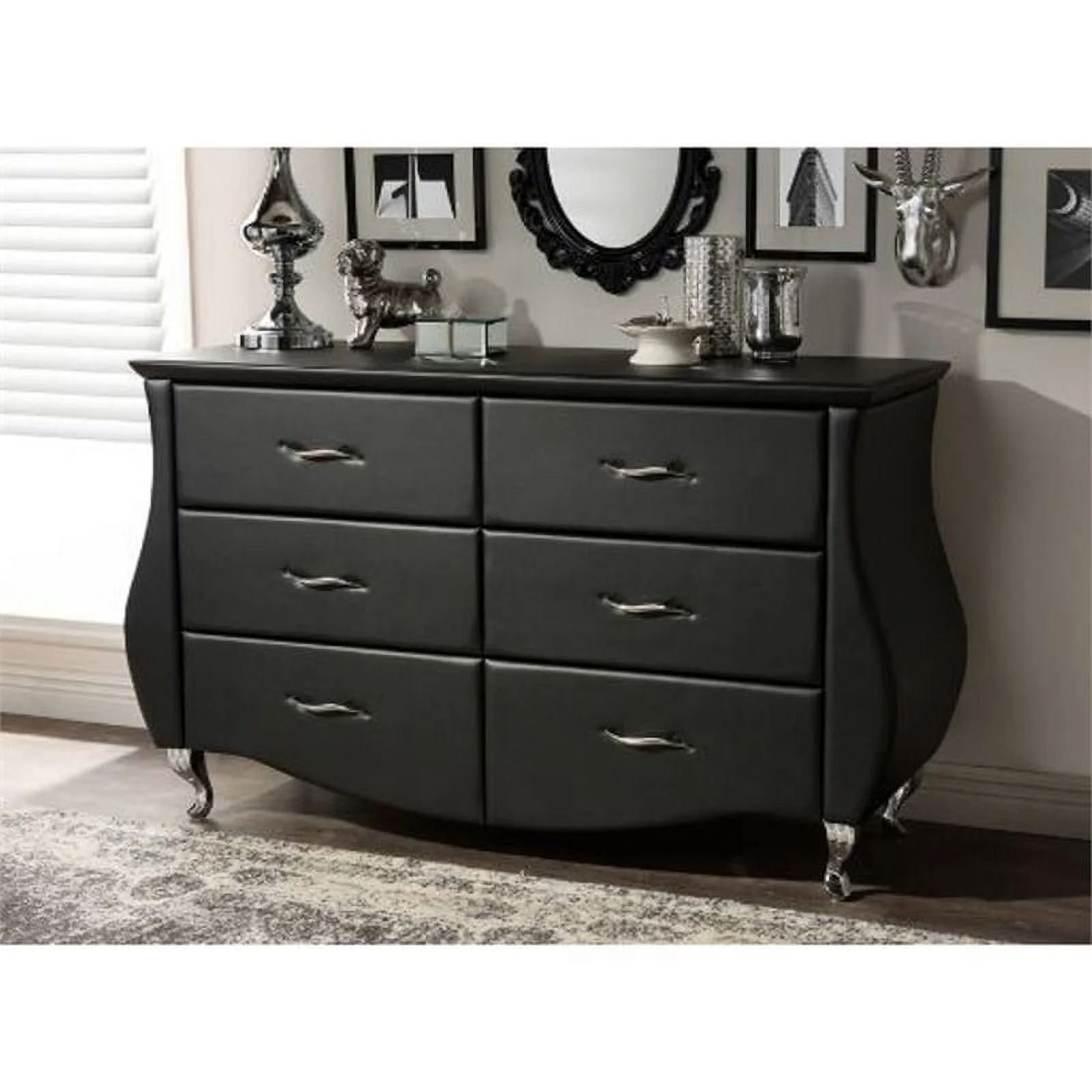 Bowery Hill 6 Drawer Faux Leather Double Dresser in Black - Curated Treasures Market