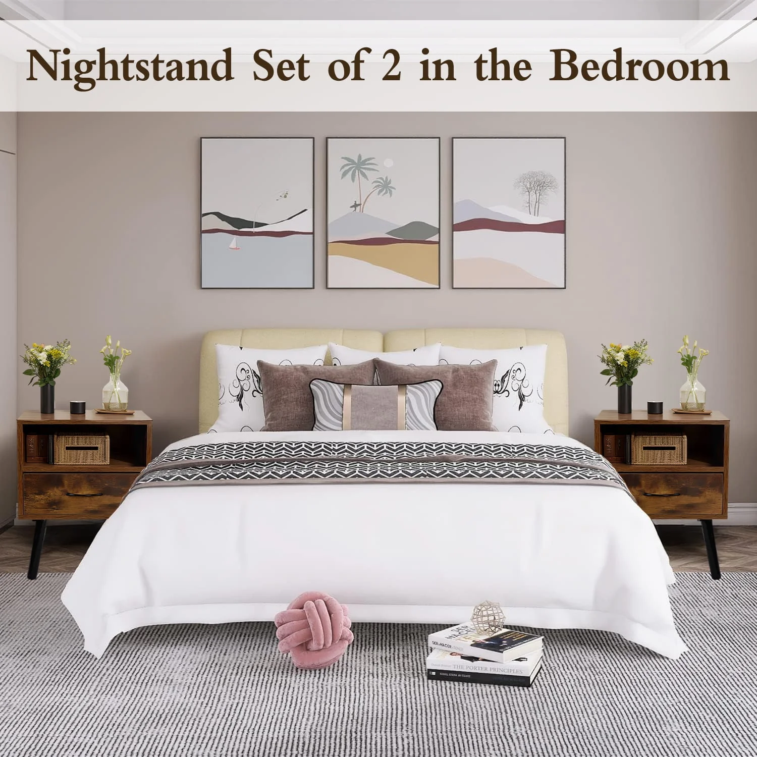 Nightstand Set of 2, Sesslife Modern Bedside Table Sofa End Table with Drawer and Shelf, Versatile Nightstand Side Table Set for Bedroom Sofa Entryway, Wood Frame and Metal Legs, Brown