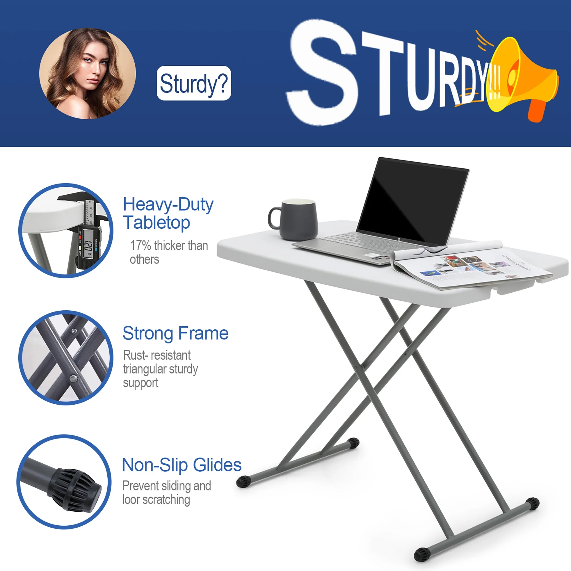Portable TV Tray Table - Small Folding Table for Camping & Dining - Adjustable Height, Easy Fold, Lightweight - Indoor/Outdoor, 30 Inch, White