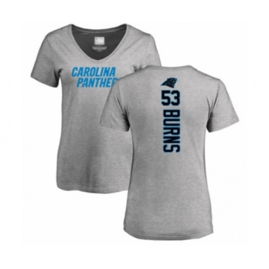 Football Women's Carolina Panthers #53 Brian Burns Ash Backer V-Neck T-Shirt