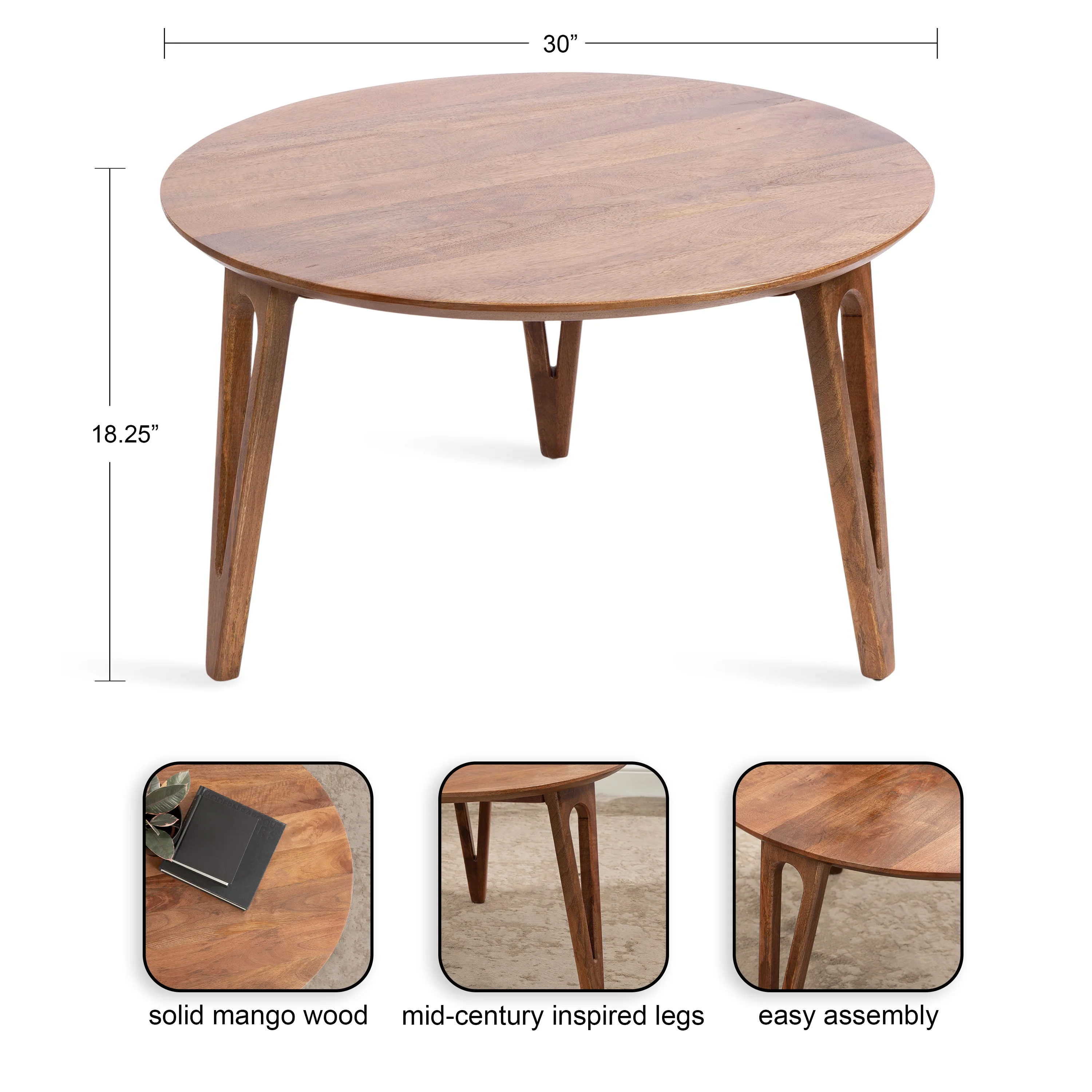 Kate and Laurel Kershaw Mid-Century Modern Round Coffee Table, 30 x 30 x 19, Walnut Brown, Transitional Circle Living Room Table with Solid Mango Wood Construction and Tapered Hairpin Legs - Curated Treasures Market