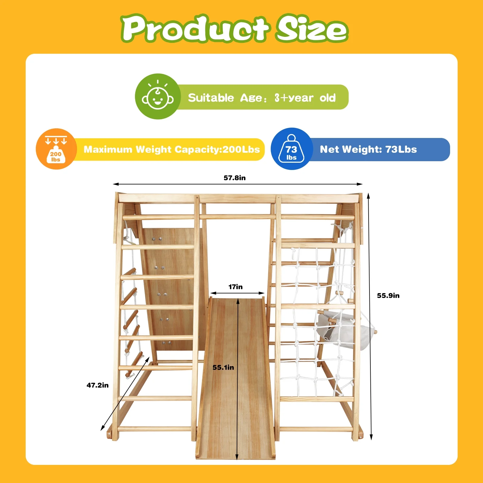 Fionafurn Indoor Outdoor 7-in-1 Kids Gym Playground Climbing Toys, with Swing, Slide, etc, Girls& Boys, Wooden, Natural - Curated Treasures Market