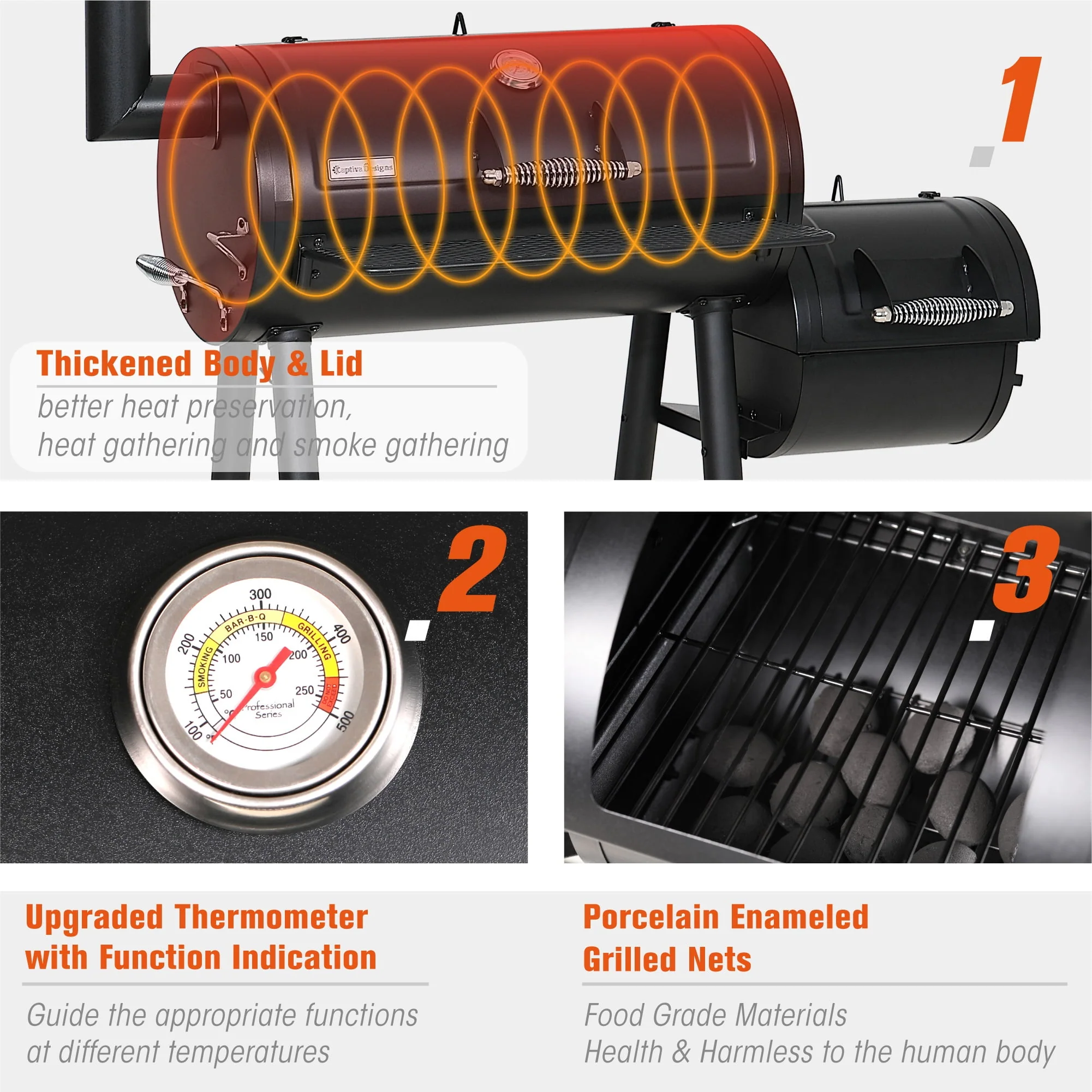 Summit Living 28'' BBQ Charcoal Grill with Offset Smoker for Backyard and Camping