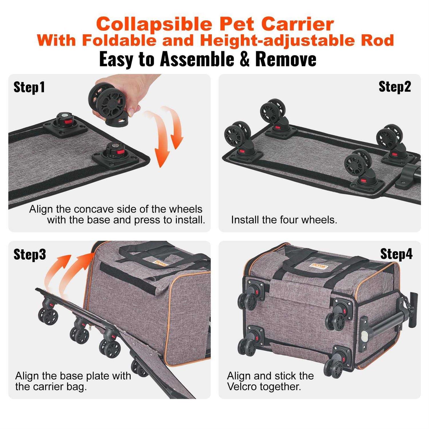 VEVOR Cat Carrier with Wheels, Airline Approved Rolling Pet Carrier with Telescopic Handle and Shoulder Strap