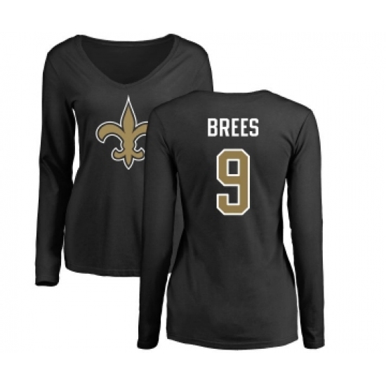 Football Women's New Orleans Saints #9 Drew Brees Black Name & Number Logo Slim Fit Long Sleeve T-Shirt