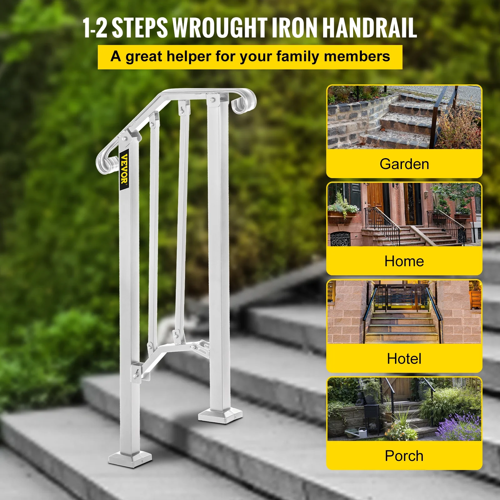 VEVORbrand Handrail for Stairs Outdoor Step Handrail Picket 1 Fits 1 or 2 Steps Rail Height adjustable Wrought Iron Handrail, Matte White - Curated Treasures Market
