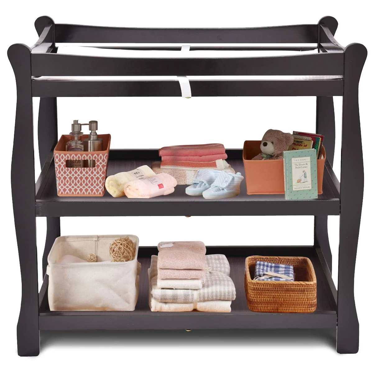 Baby Changing Table, Infant Diaper Changing Table Organization, Newborn Nursery Station with Pad, Sleigh Style Nursery Dresser Changing Table with Hamper/ 2 Fixed Shelves (Espresso) - Curated Treasures Market