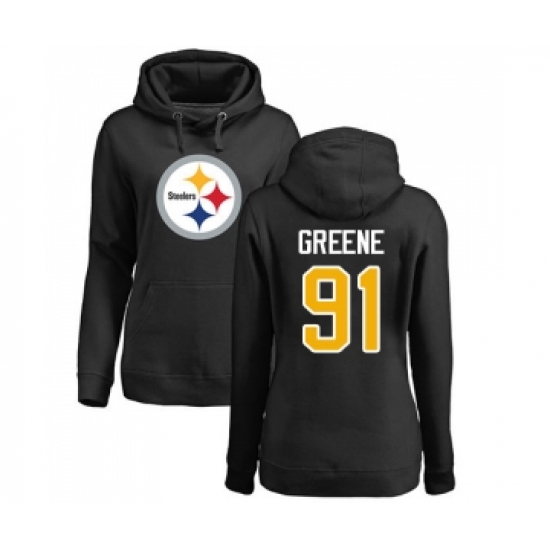 Football Women's Pittsburgh Steelers #91 Kevin Greene Black Name & Number Logo Pullover Hoodie
