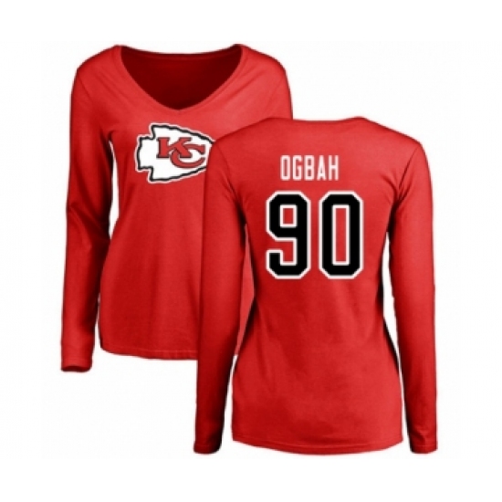 Football Women's Kansas City Chiefs #90 Emmanuel Ogbah Red Name & Number Logo Slim Fit Long Sleeve T-Shirt