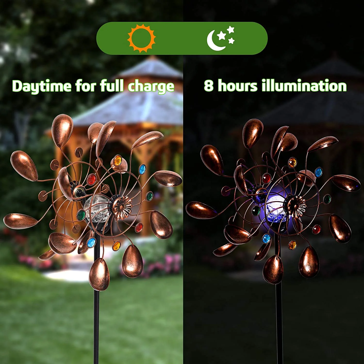 ALLADINBOX 57 Inch Solar Wind Spinner, Glass Ball Windmill Sculpture with Kinetic Dual Direction, Outdoor Garden LED Lights with Multi Color Changing Glass Ball Windmills for Yard Patio Lawn Decor - Curated Treasures Market