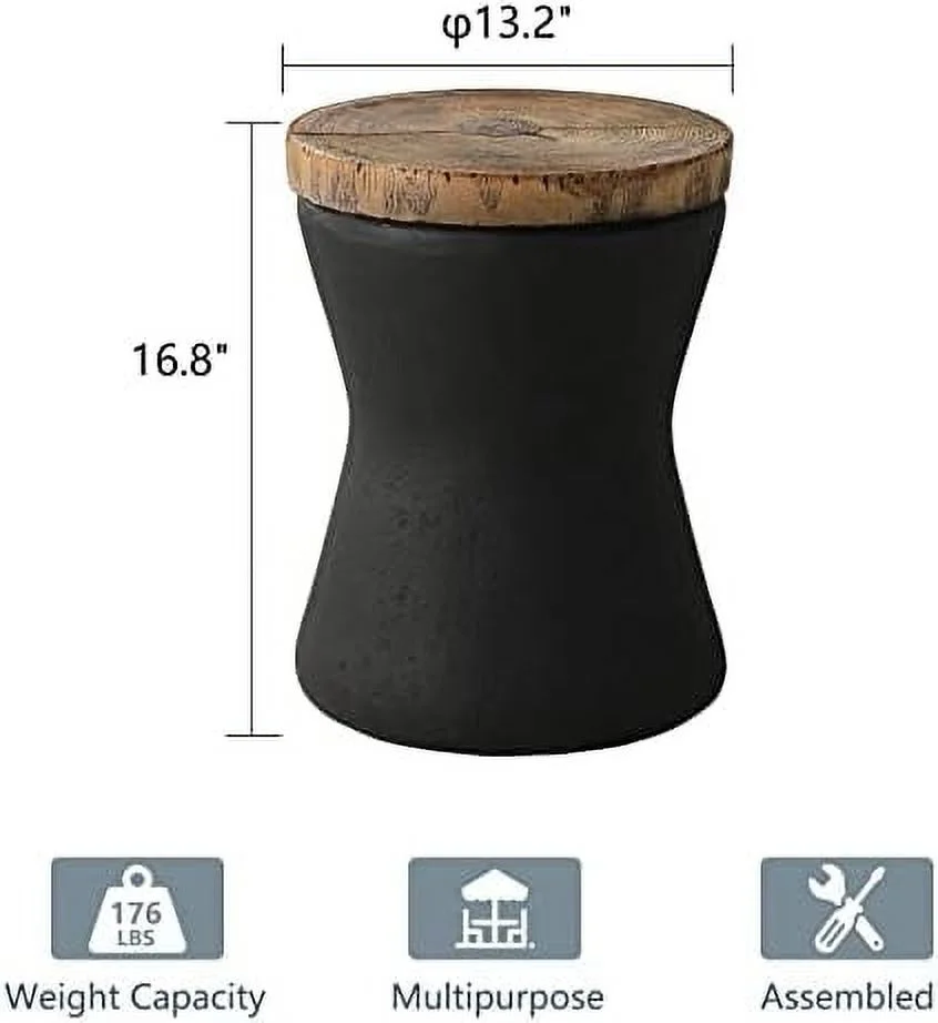 SQFGHB Drum End Table Cylinder Shaped Concrete  Faux-Wood Top  Black Outdoor Accent Table with Tree Trunk Slice  Painted  Accent Stool - Curated Treasures Market