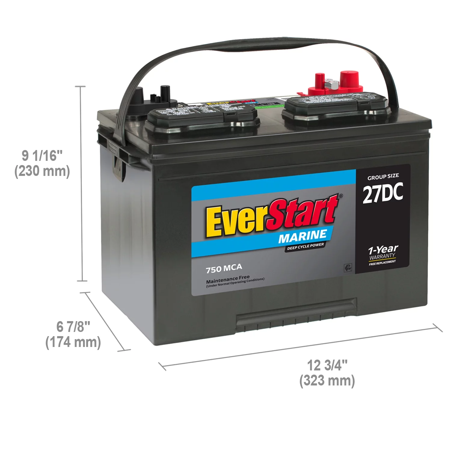 EverStart Lead Acid Marine & RV Deep Cycle Battery, Group Size 27DC 12 Volt, 750 MCA