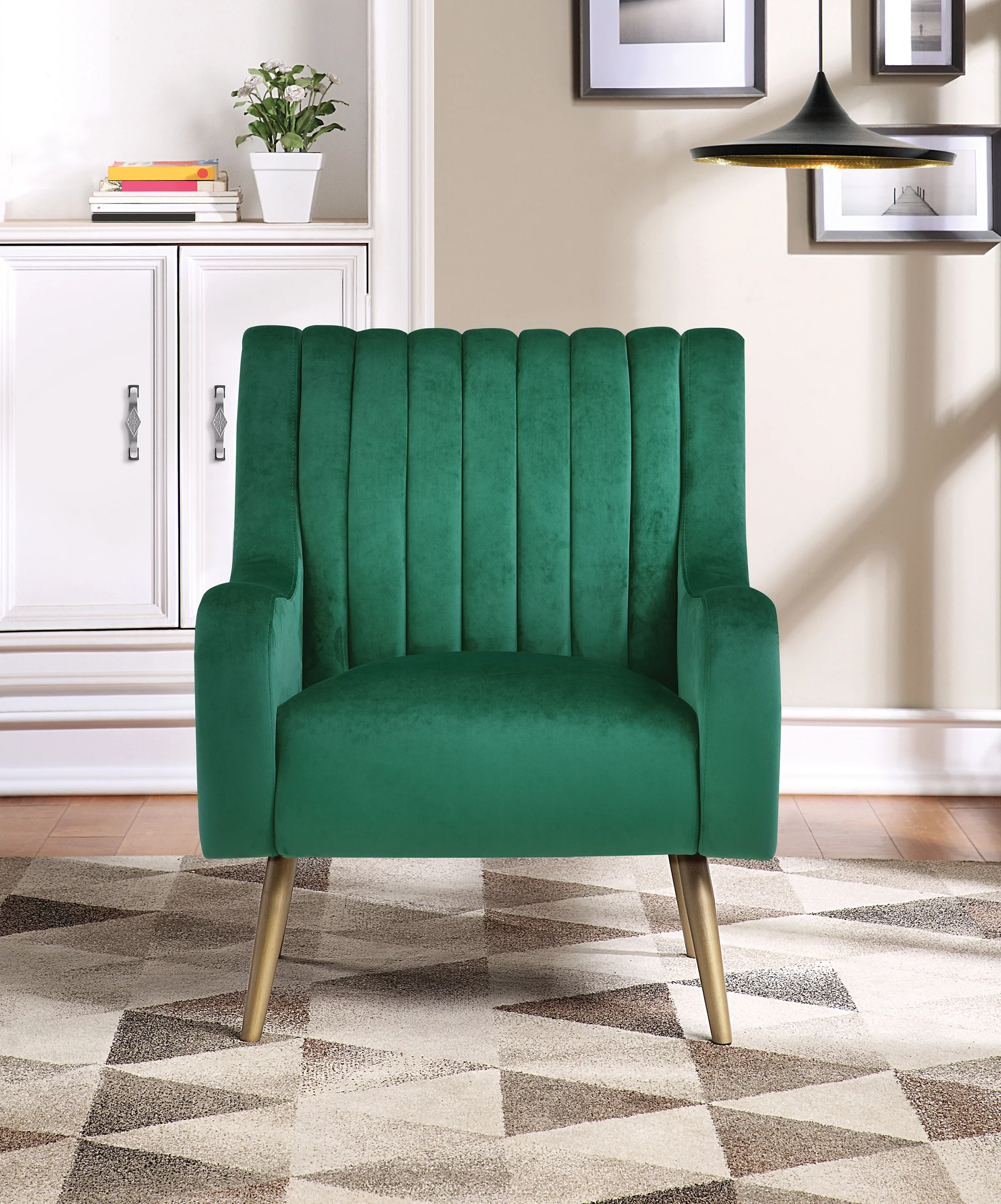 OSP Home Furnishings Cassia Velvet Armchair in Midnight Green Velvet Fabric and Gold Brushed Legs - Curated Treasures Market