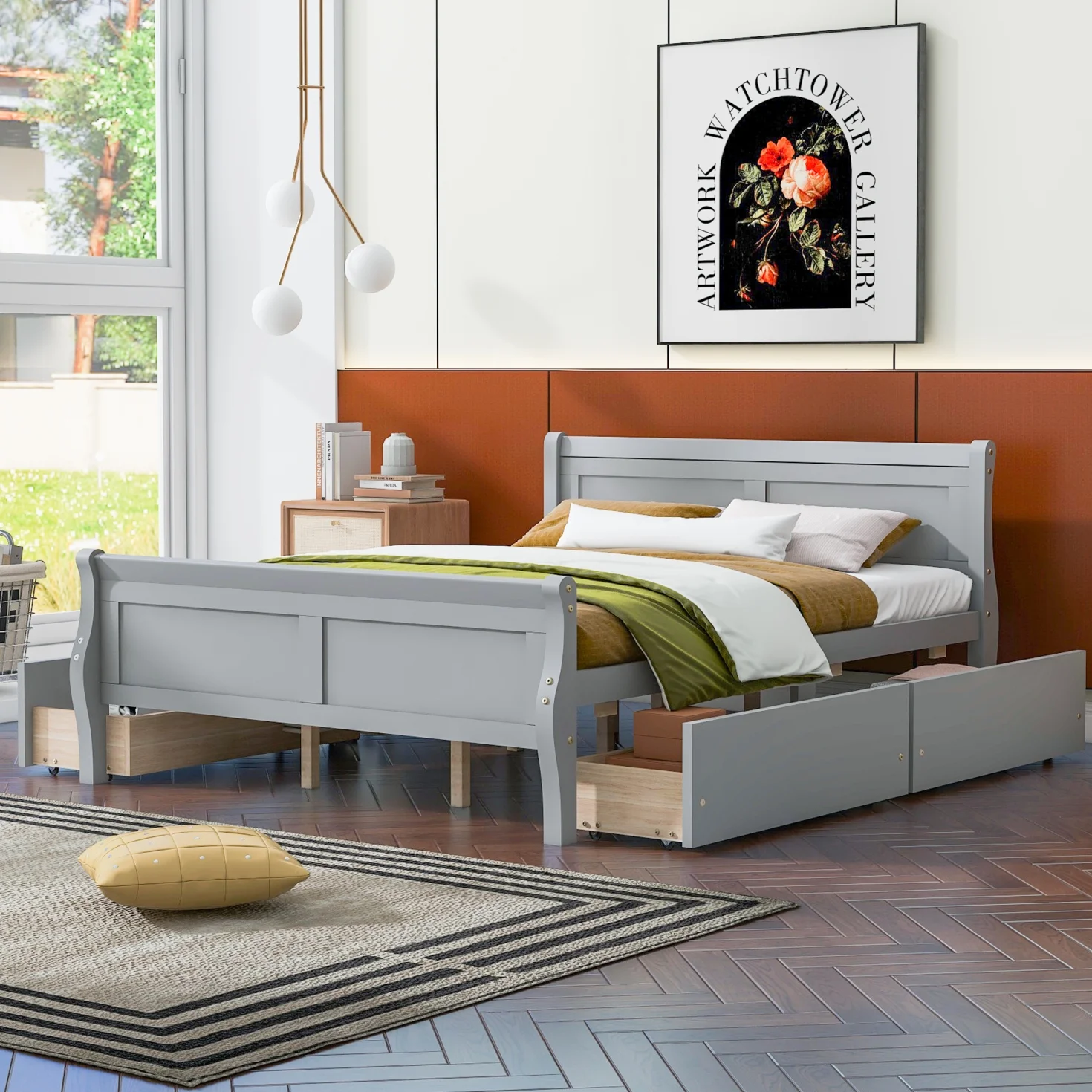 Queen Size Platform Bed with 4 Drawers for Kids Teens Adults, Wood Platform Bed Frame with Streamlined Headboard & Footboard for Bedroom, 8 Strong Wood Slats, No Box Spring Needed, Espresso