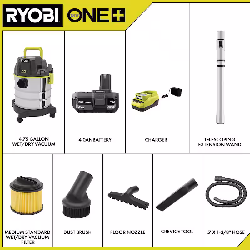 ONE+ 18V Cordless 4.75 Gal. Wet/Dry Vacuum Kit with 4.0 Ah Battery and Charger