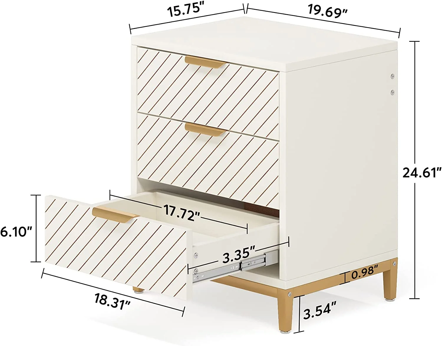 Tribesigns 3 Drawers Night Stands for Bedrooms, Light Wood Grain Nightstands, Bedside End Tables Storage for Living Room (1pc, White & Gold) - Curated Treasures Market