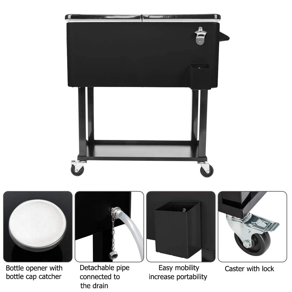 BNSPLY 80 Quart Outdoor Cooler Cart Rolling Ice Chest Cooler Cart, Portable Patio Cooler with Bottle Opener, Handles and Drainage, Standing Cooler for Patio Party, Camping and BBQ, Black - Curated Treasures Market