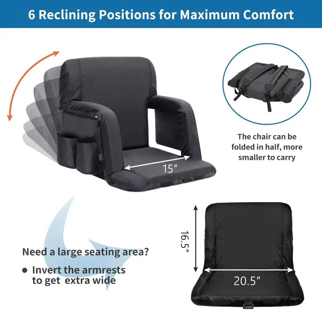 Docred 2-Pack Large Size Stadium Seat Chair for Bleacher ,Foldable with Padded Back Support,6 Reclining Positions,Black - Curated Treasures Market