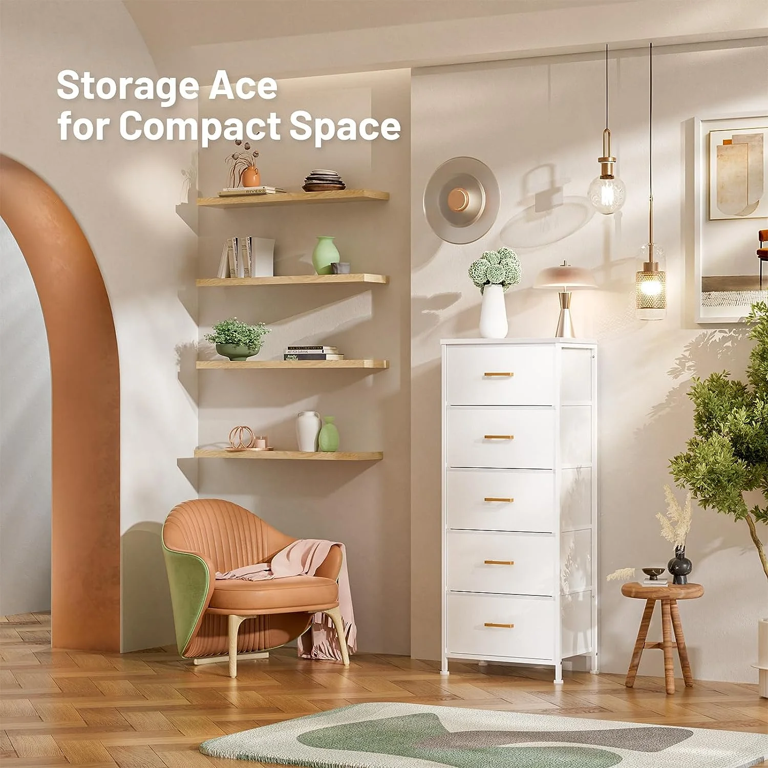 Dresser for Bedroom with 5 Drawers, Tall Storage Tower for Closet, Living Room, Nursery, White Dresser with Sturdy Steel Frame, Fabric Bins, Leather Finish, Wood Top, White - Curated Treasures Market