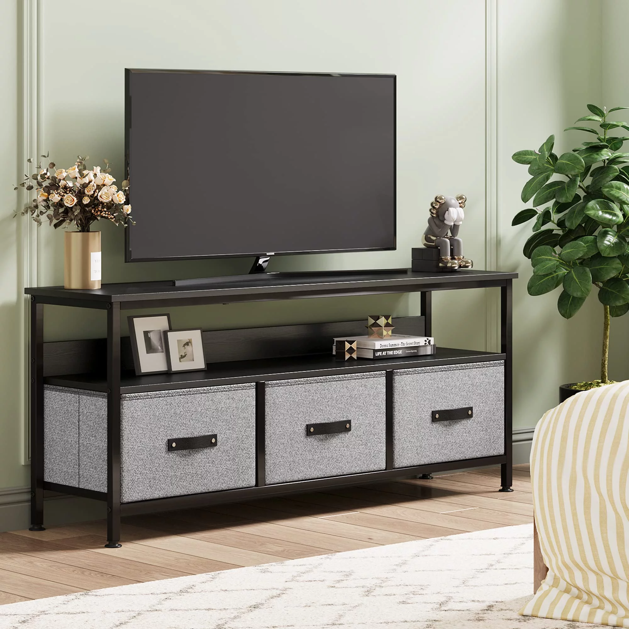 DSstyles Dresser TV Stand, Entertainment Center with Storage, 55 Inch TV Stand for Bedroom Small TV Stand Dresser with Drawers and Shelves, TV & Media Console Table Furniture for Living Room, Grey