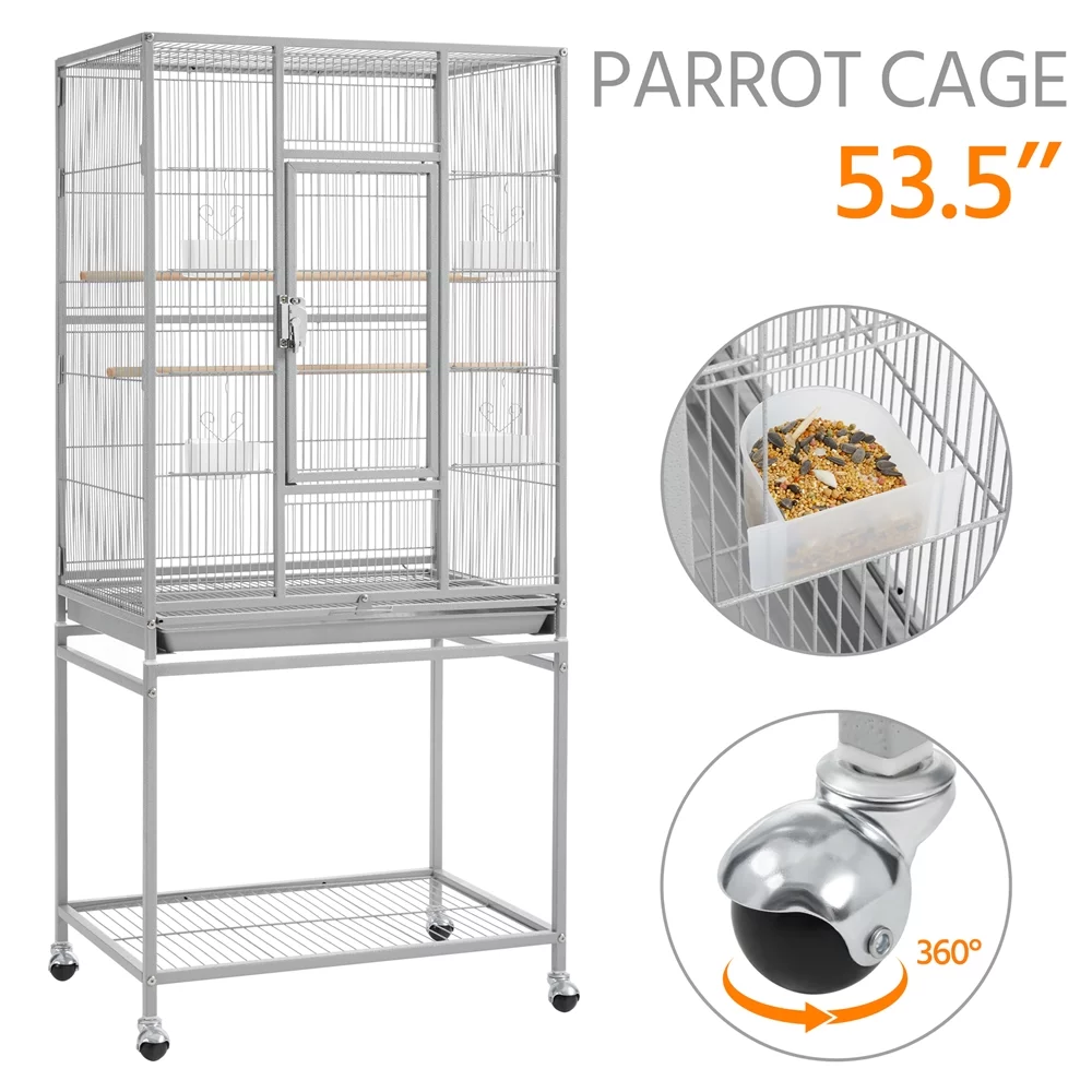 Topeakmart 54''H Large Rolling Metal Parrot Cage Bird Cage with Detachable Stand for Conures Parakeets Cockatiels, Light Gray - Curated Treasures Market